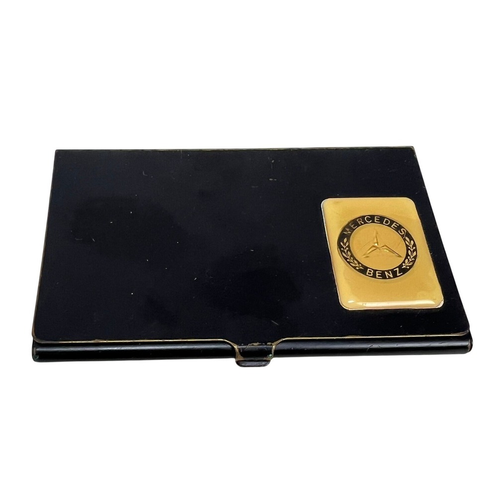 Vintage Mercedes Benz Business Card Holder Black Gold Metal Slim Case Wallet